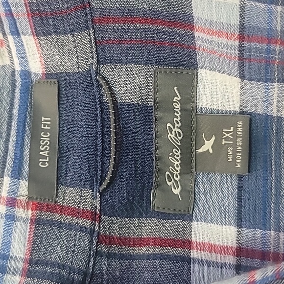 Eddie Bauer men's long sleeve blue red plaid shirt button down front pocket XLT - Picture 10 of 15